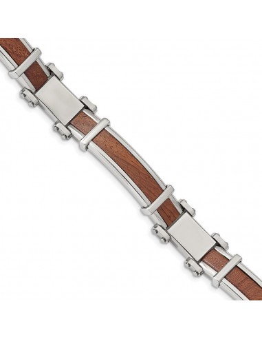 Stainless Steel Polished with Wood Inlay 8.25in Bracelet pas cheres