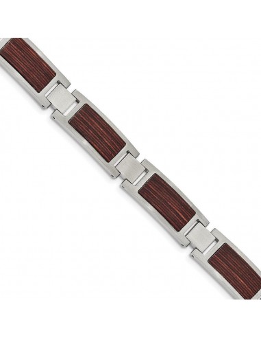 Stainless Steel Brushed with Wood Inlay 8.75in Link Bracelet brillant des détails fins