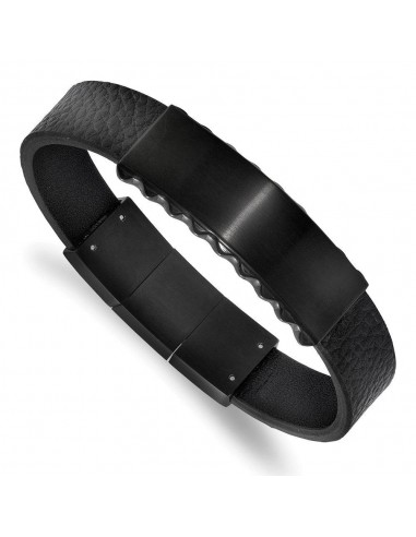 Stainless Steel Brushed & Polished Black IP Leather w/.5in ext. ID Bracelet l'achat 