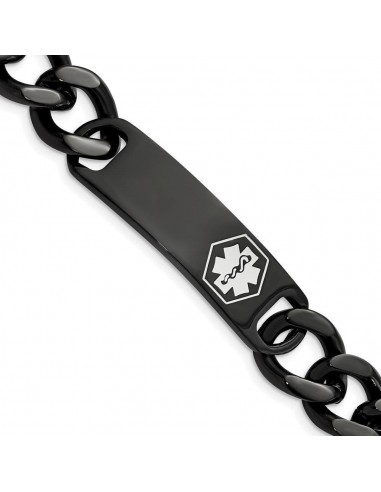 Stainless Steel Polished Black IP w/White Enamel 8.25in MED ID Bracelet Véritable concentré