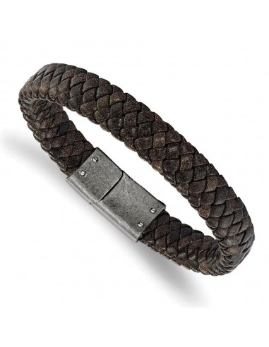 Stainless Steel Brushed Brown Braided Genuine Leather 8.25in Bracelet Venez acheter