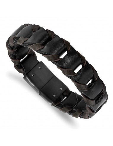 Stainless Steel Black IP-plated Black and Brown Leather 8.25in Bracelet en ligne des produits 