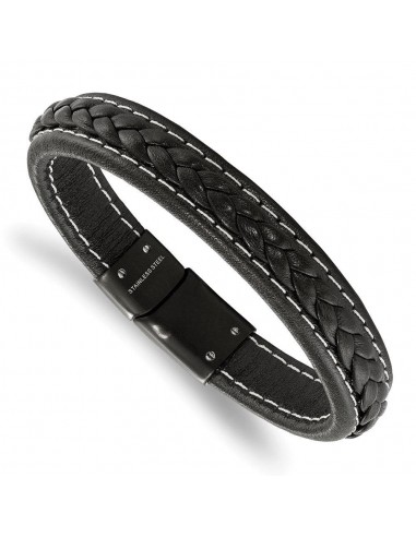 Stainless Steel Black IP-plated Genuine Black Leather 8.25in Bracelet chez Cornerstreet bien 