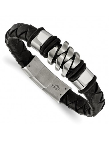 Stainless Steel Brushed and Polished Black Leather (.5in extra link) Bracel meilleur choix