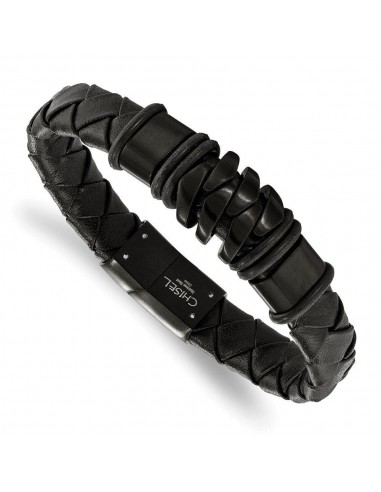 Stainless Steel Brushed Black IP-plated Black Leather Bracelet ouvre sa boutique