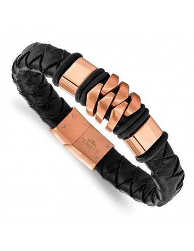 Stainless Steel Brushed Rose IP-plated Black Leather Bracelet Véritable concentré