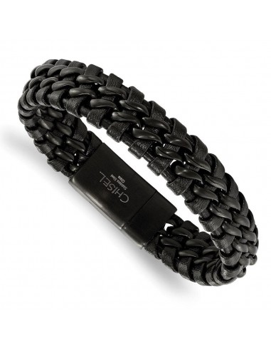 Stainless Steel Brushed Black IP-plated Black Leather Bracelet français