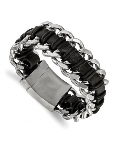 Stainless Steel Brushed and Polished Blk Leather Bracelet hantent personnes