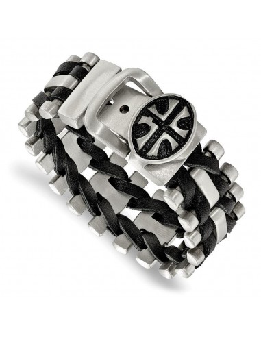 Stainless Steel Brushed Antiqued Textured Adj. Cross Blk Leather Bracelet Dans la société mordern