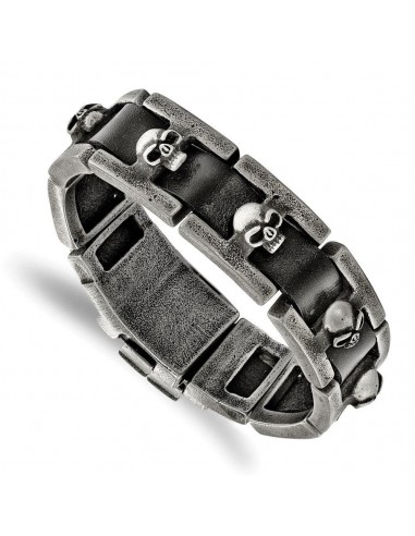 Stainless Steel Brushed Antiqued Skull Black Leather Bracelet Les magasins à Paris