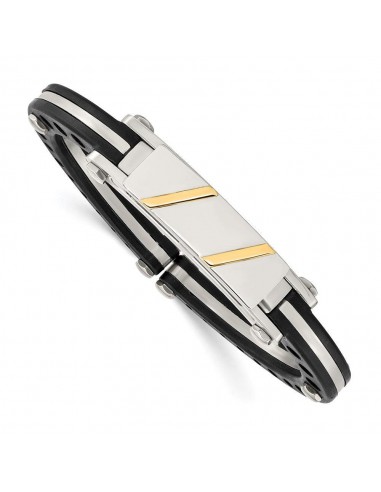 Stainless Steel Black PVC & 14k Yellow Inlay Hinged Bangle Profitez des Offres !