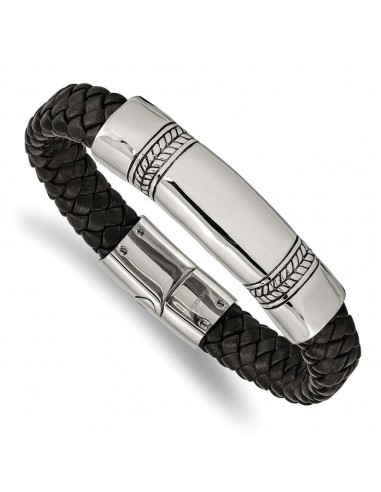 Stainless Steel Antiqued and Polished Black Leather 8.25in ID Bracelet du meilleur 