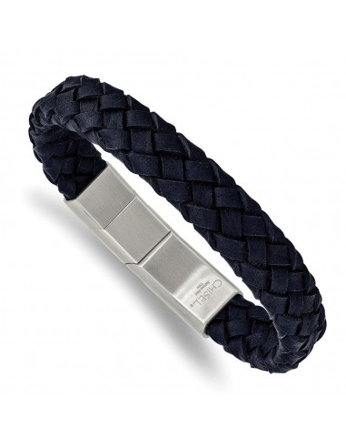 Stainless Steel Brushed Navy Braided Leather 8.25in w/.5in ext. Bracelet 2023