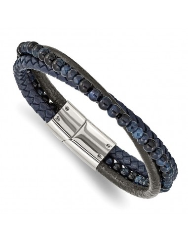 Stainless Steel Polished with Blue Chalcedony/Tiger's Eye Leather Bracelet l'achat 