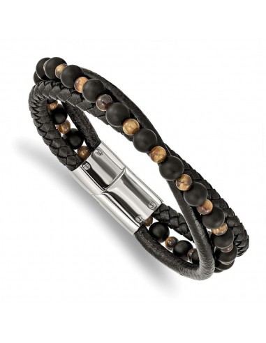 Stainless Steel Polished w/Tiger's Eye/Black Agate Leather 8.25in Bracelet de France