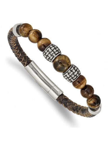 Stainless Steel Antiqued and Polished Tiger's Eye Leather 8.5in Bracelet ouvre sa boutique