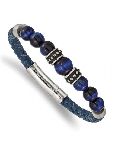 Stainless Steel Antiqued and Polished Blue Tiger's Eye Leather Bracelet de la marque