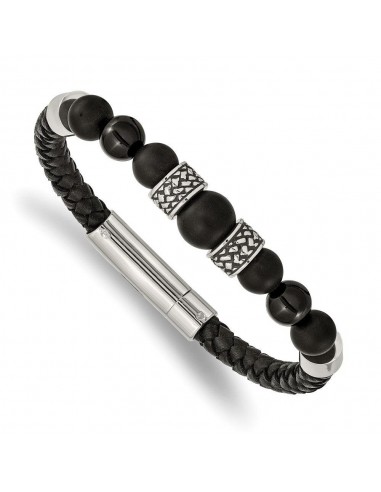 Stainless Steel Antiqued and Polished Black Agate Leather 8.25in Bracelet de l' environnement