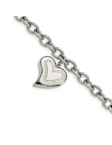 Stainless Steel CZ Heart Charm Fancy 7.5in Bracelet solde