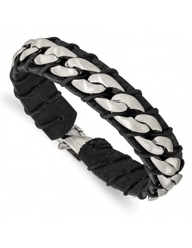 Stainless Steel Brushed Chain and Black Leather 8.5in Bracelet sélection de produits