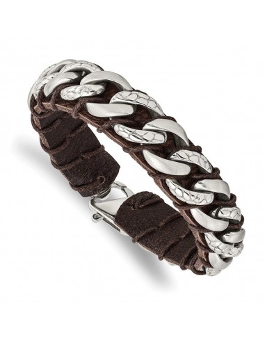 Stainless Steel Brushed Polished & Textured Brown Leather 8.5in Bracelet Les magasins à Paris et en Île-de-France