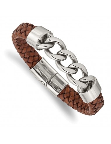 Stainless Steel Polished Chain and Brown Leather 8.25in Bracelet Venez acheter