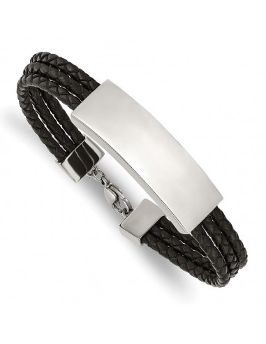 Stainless Steel Polished Black Leather Multi Strand 8in ID Bracelet soldes