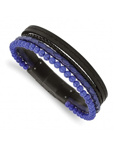 Stainless Steel Polished Black IP with Lapis Leather w/.5in ext Bracelet livraison et retour toujours gratuits