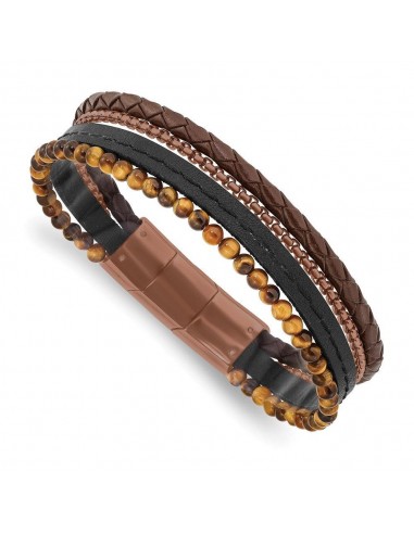 Stainless Steel Polished Brown IP w/Tiger's Eye Leather w/.5in ext Bracele vente chaude votre 