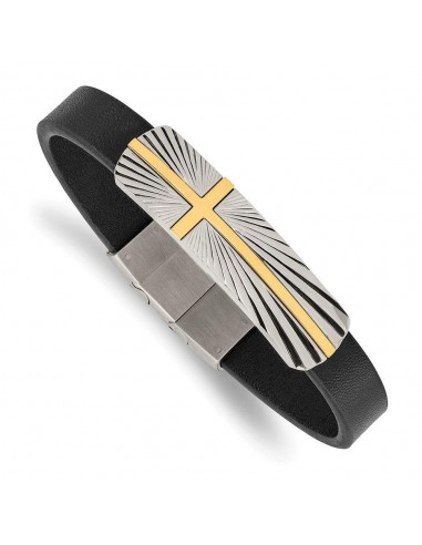 Stainless Steel Polished Yellow IP Cross Black Leather w/.5in ext Bracelet les ctes