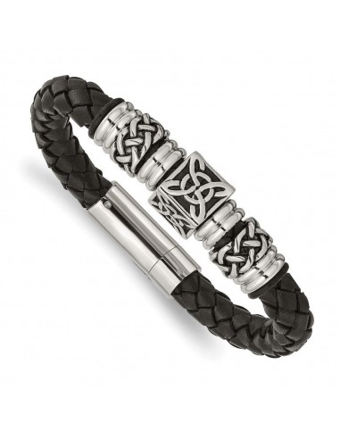 Stainless Steel Black Leather w/ Antiqued Beads 8.5in Bracelet livraison et retour toujours gratuits