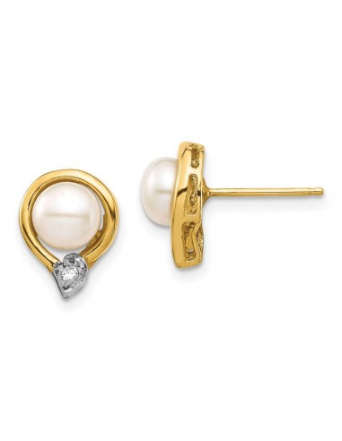 14K 5-6mm White Button FW Cultured Pearl .02ct Diamond Post Earrings Paris Déstockage Promo