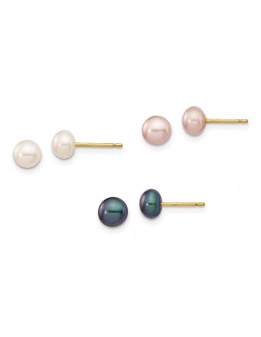 14K 5-6mm Button Freshwater Cultured Pearl Boxed 3 pair Post Earrings Set En savoir plus