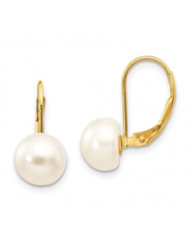 14K 8-9mm White Button Freshwater Cultured Pearl Leverback Earrings Les magasins à Paris et en Île-de-France