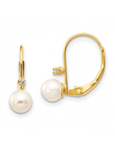 14K 5-6mm Round FW Cultured Pearl .02 ct. Diamond Leverback Earrings vente chaude votre 