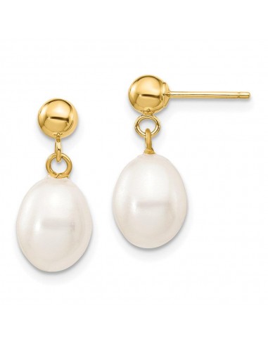 14k 7-8mm White Rice Freshwater Cultured Pearl Dangle Post Earrings commande en ligne