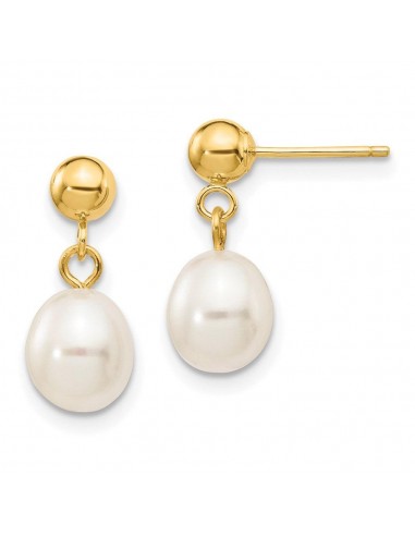 14k 6-7mm White Rice Freshwater Cultured Pearl Dangle Post Earrings l'achat 