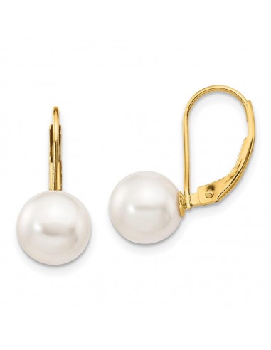 14k 8-9mm White Round Saltwater Akoya Cultured Pearl Leverback Earrings offre 